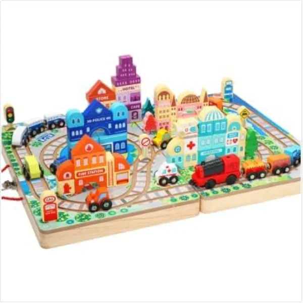 Mesa de tren con 75 bloques en madera - Cucurumi